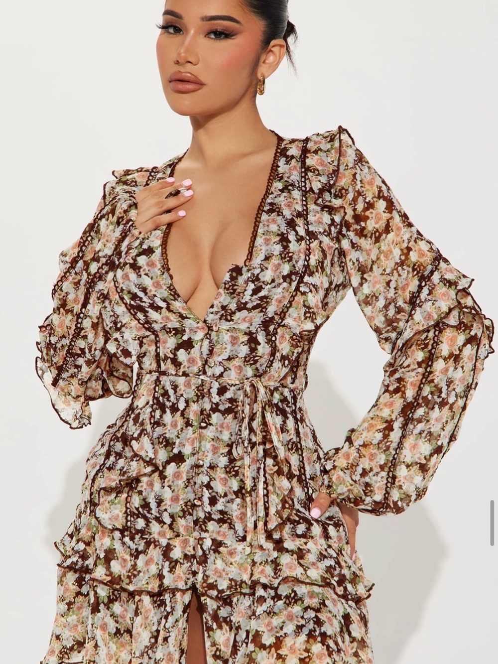Floral V-Neck Ruffle Mini Dress in Brown